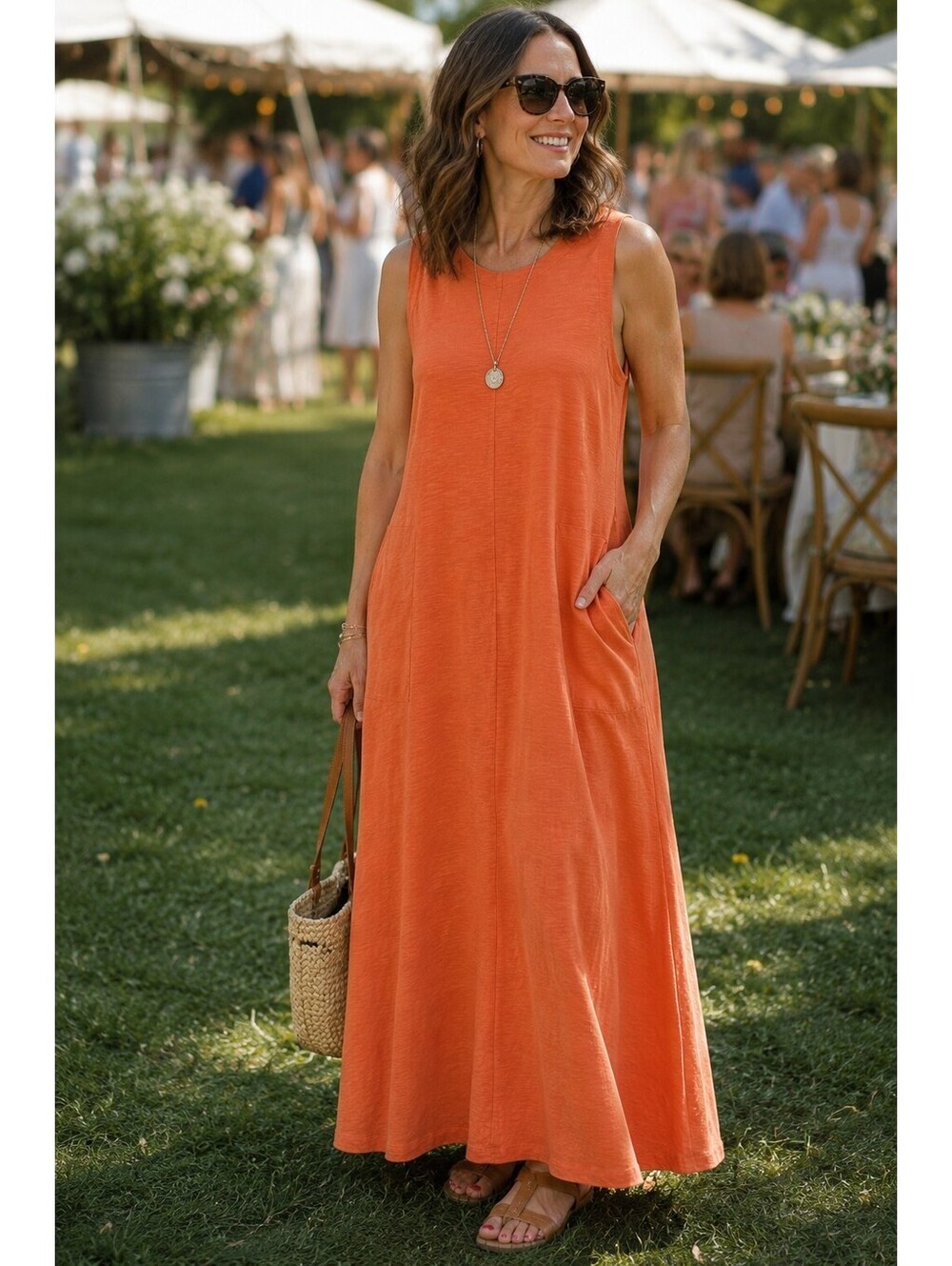 ME+EM Women's Tangerine Sleeveless Maxi Dress Sz 8 Pocket Casual Slub Knit Boho